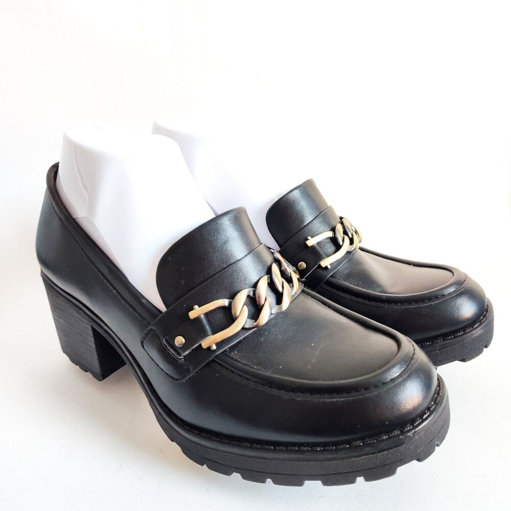 White Mountain Loafers Size 8.5 Faux Leather Black‎ Chunky Heel Chain Lug Sole